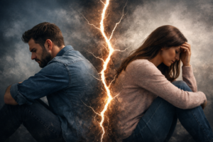 Couple en crise relationnelle illustrant un conflit de couple et une rupture de communication entre un homme et une femme